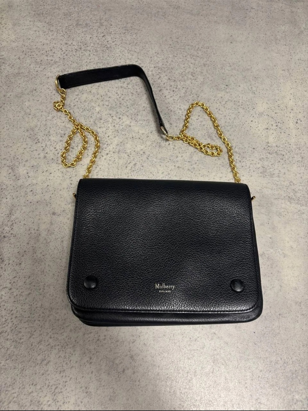 Mulberry Black Leather Crossbody with Gold Chain Strap